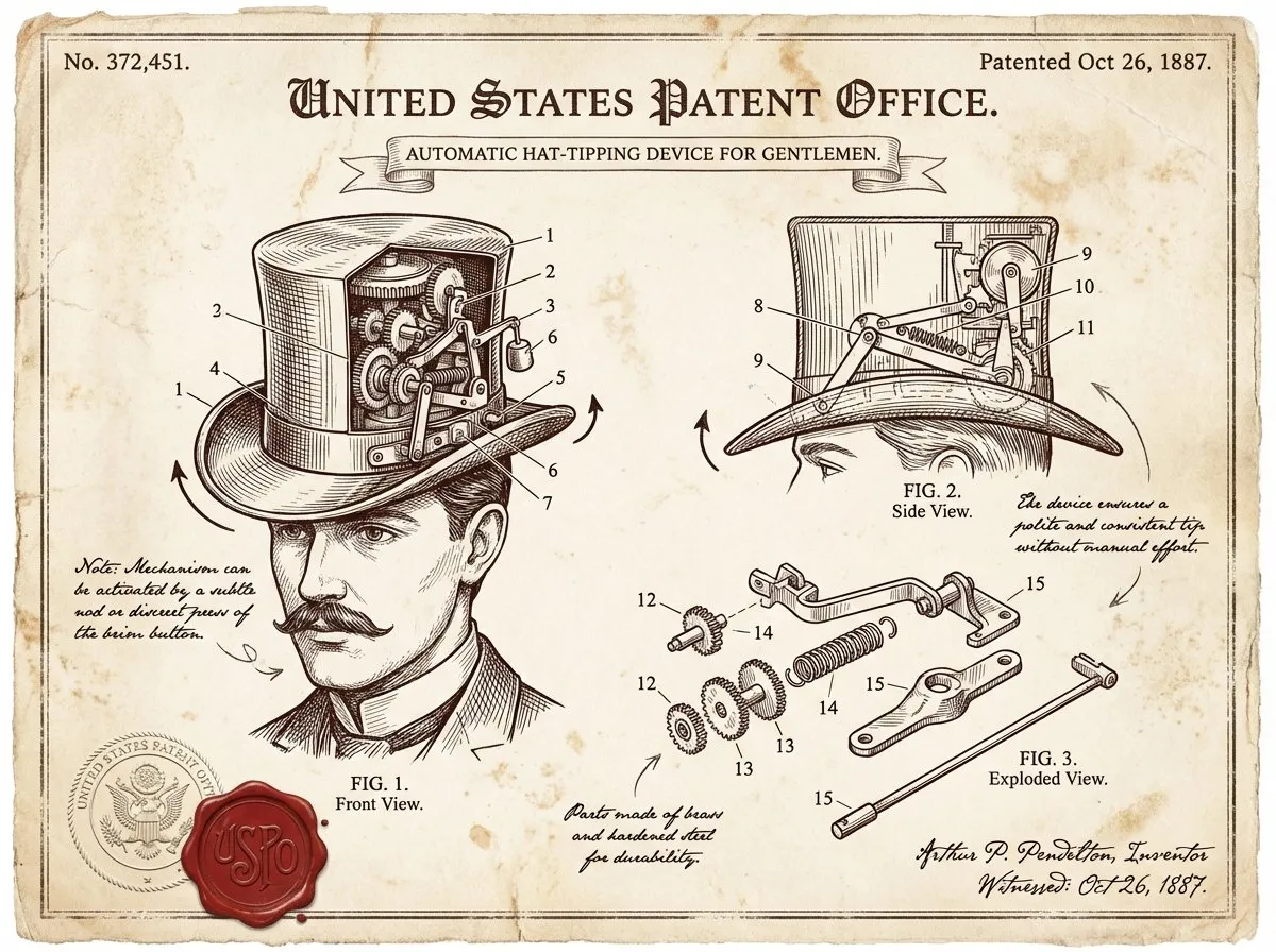 Vintage Patent: Automatic Hat-Tipping Device Steampunk Art - Vintage, Retro - AI Generated Image