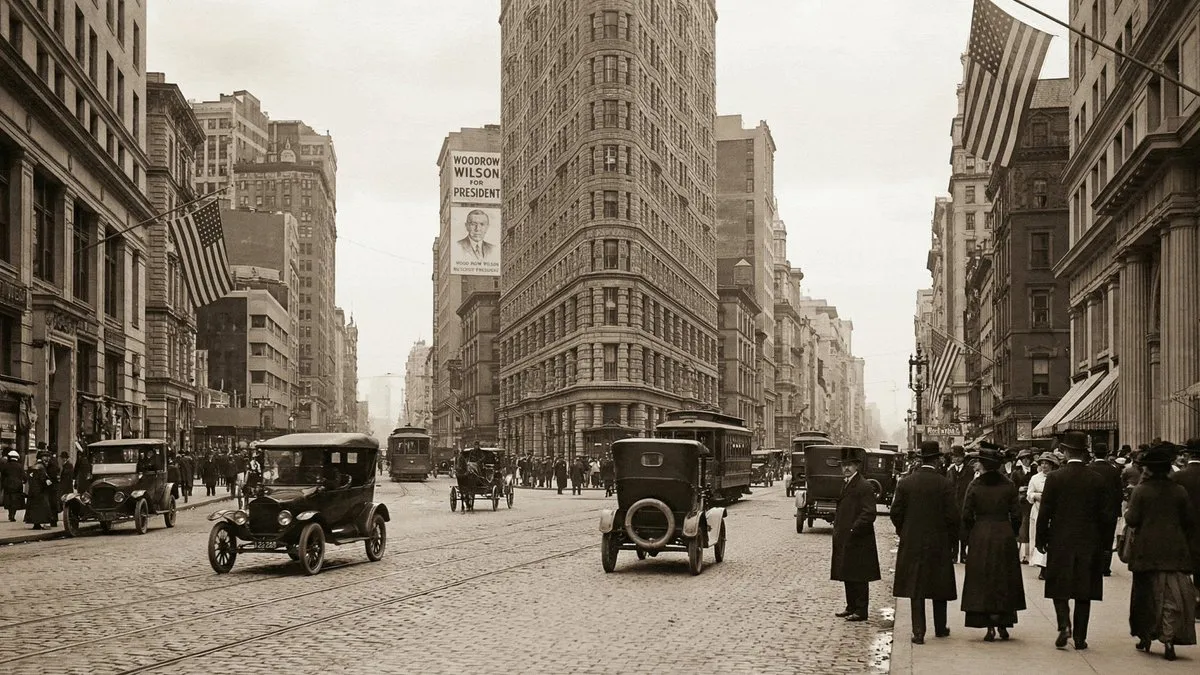 Historic NYC Flatiron Building & 1910s Cars - Woodrow Wilson - Vintage, Retro - AI Generated Image