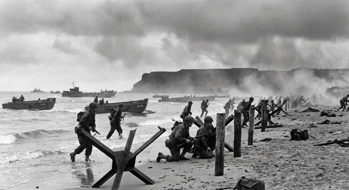 D-Day Landing WWII Soldiers Omaha Beach Black White Photo - Vintage, Retro - AI Generated Image