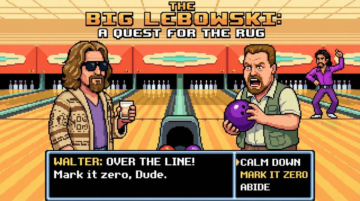 Big Lebowski Pixel Art: Dude, Walter, Retro Game Screen - Vintage, Retro - AI Generated Image