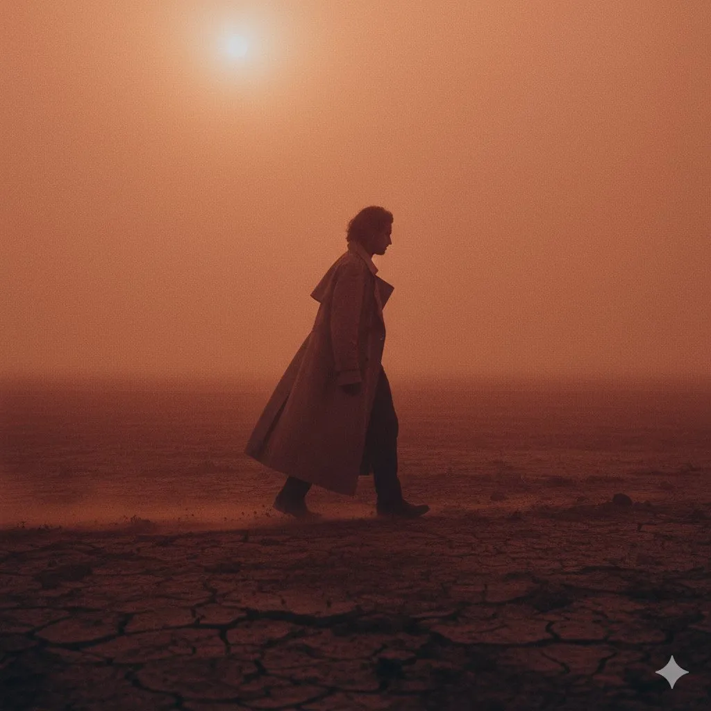 Cinematic Desert Walk: Solitary Figure in Orange Haze - Cinematic, Poster - AI Generated Image