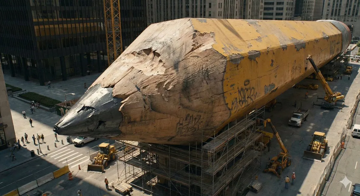 Giant Pencil Cityscape: Surreal Urban Construction - Cinematic, Poster - AI Generated Image