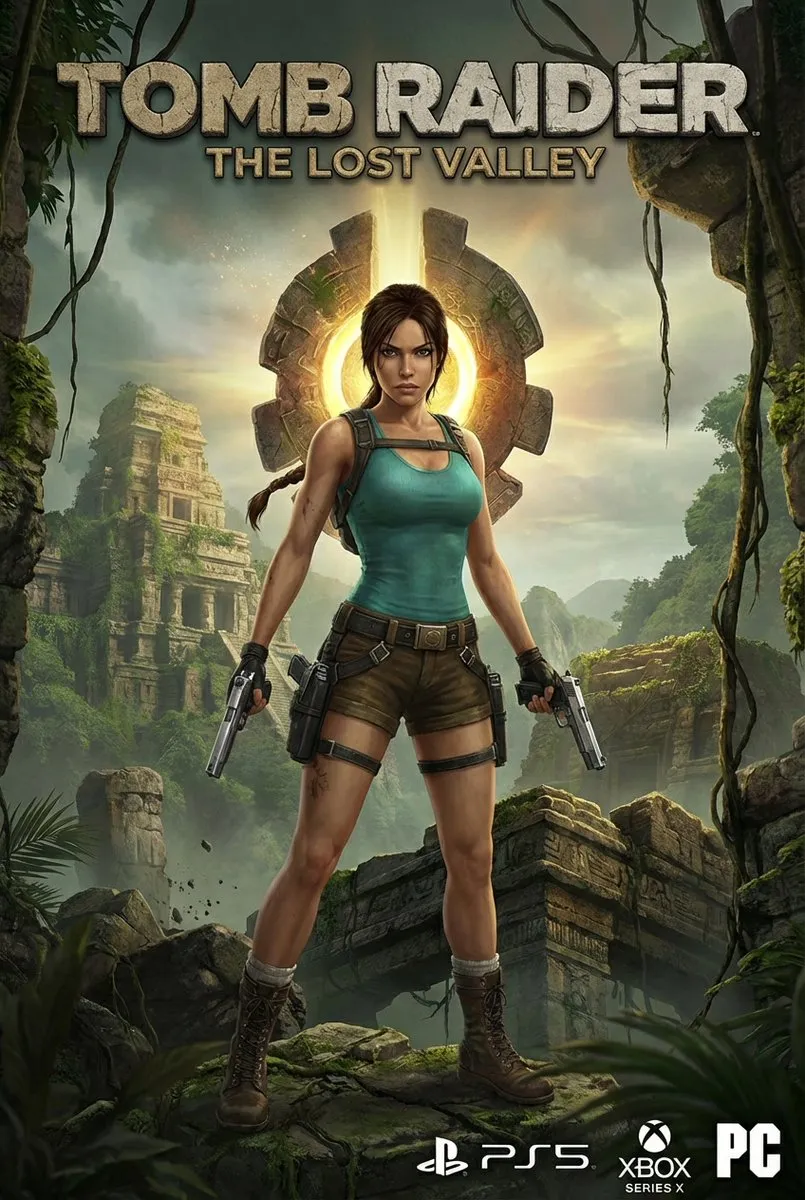 Tomb Raider Lara Croft Game Art - Ancient Jungle Ruins - Cinematic, Poster - AI Generated Image