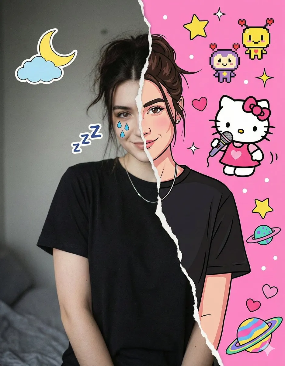 Anime & Photo Split Portrait: Playful Digital Art Woman - Anime, Manga - AI Generated Image
