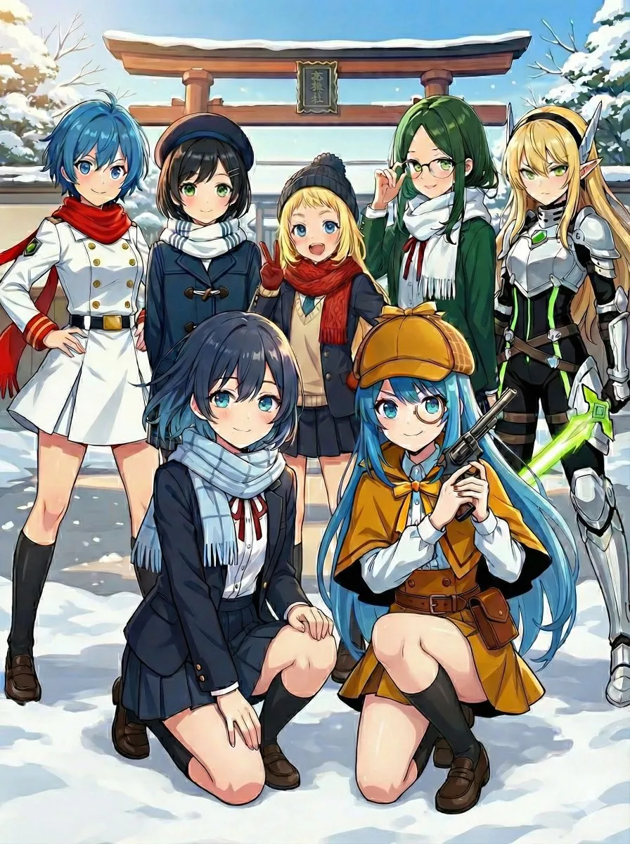 Anime Girls Winter Scene: Fantasy & Mystery Torii Gate - Anime, Manga - AI Generated Image