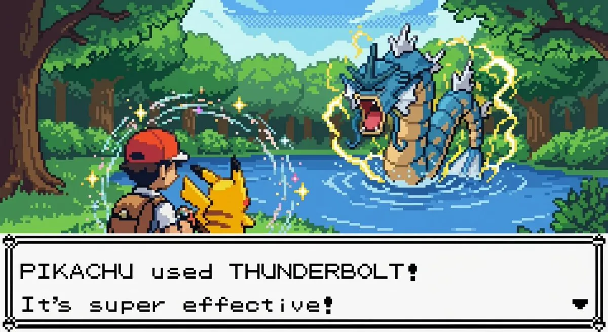 Pikachu vs. Gyarados Pixel Art - Pokemon Thunderbolt Battle - Anime, Manga - AI Generated Image
