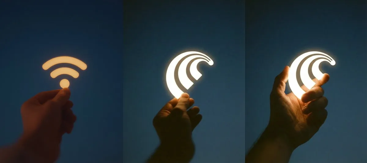 Hand Holding Glowing Digital Icons - WiFi & Sound Waves - Minimalist, Icon - AI Generated Image