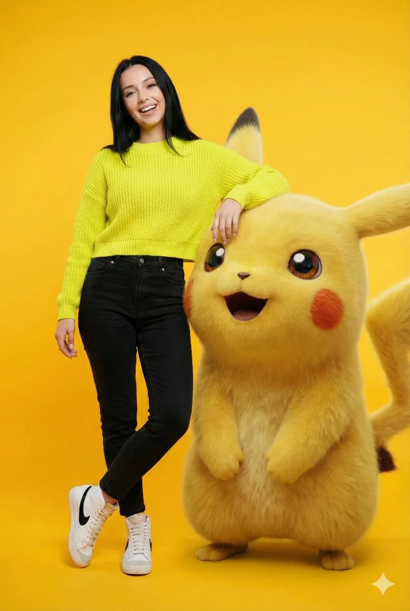 Cheerful Woman Posing with Pikachu - Pokémon Studio Photo - Portrait, Photography - AI Generated Image