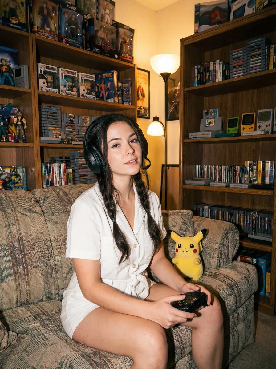 Gamer Girl with Retro Video Game Collection - Portrait, Photography - AI Generated Image