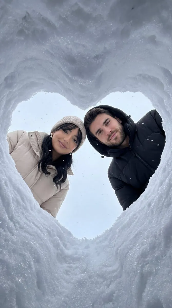 Romantic Couple Winter Portrait in Snow Heart Shape - Portrait, Photography - AI Generated Image