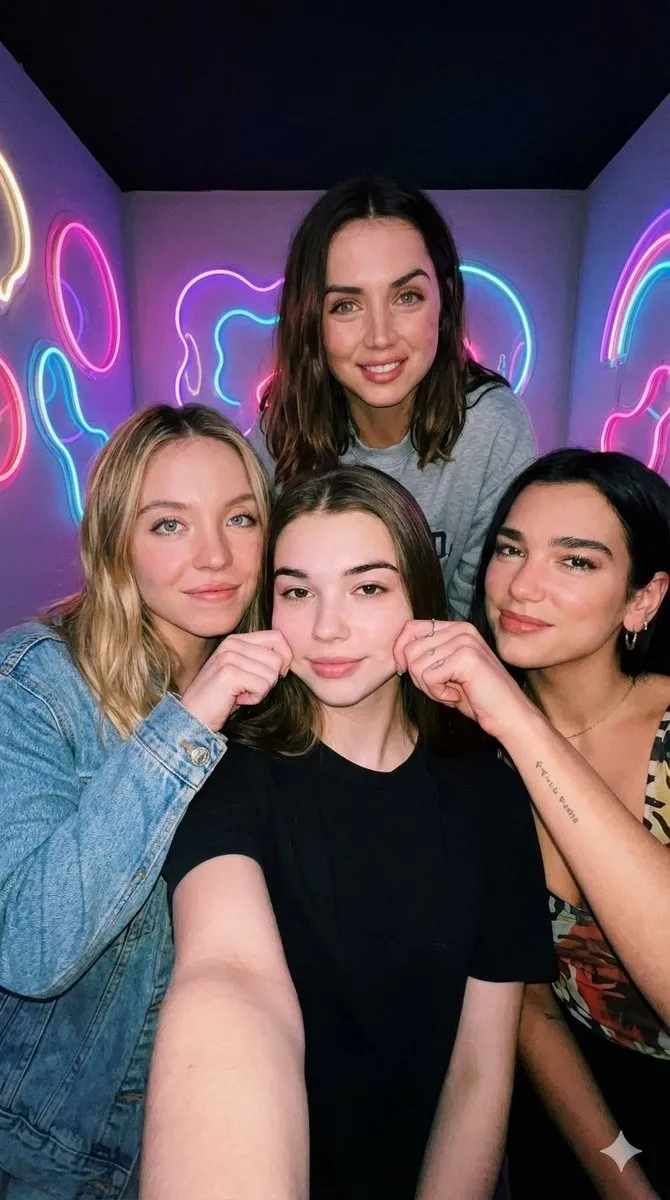 Vibrant Celebrity Group Portrait with Neon Lights - Portrait, Photography - AI Generated Image