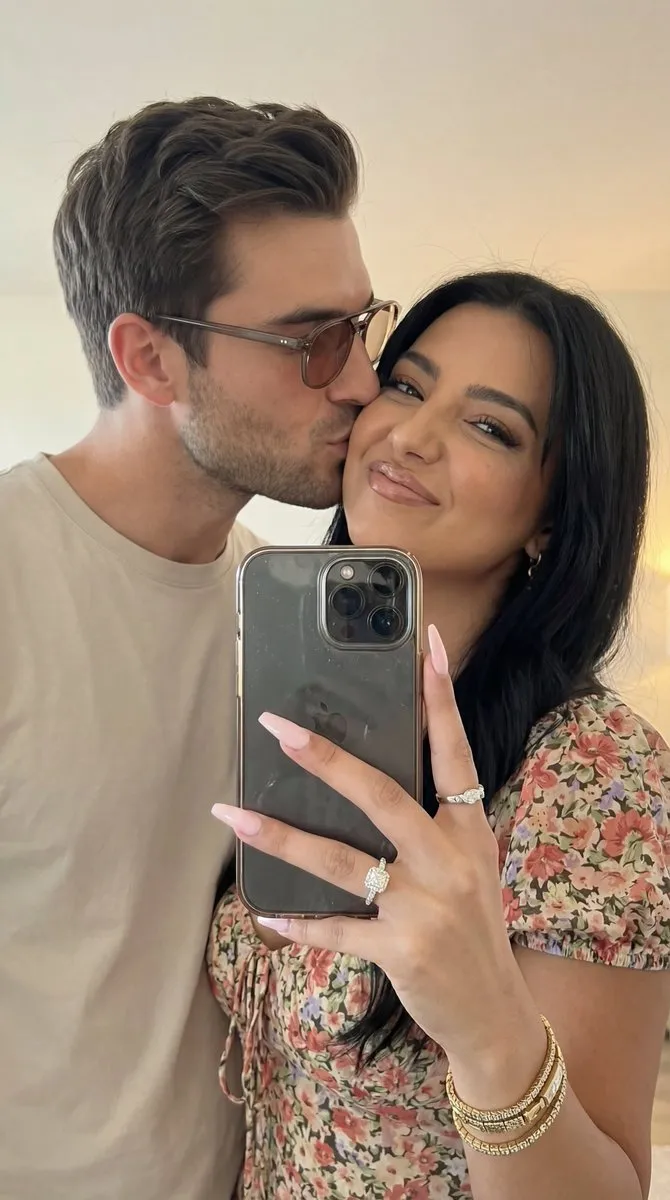 Affectionate Couple Portrait with Engagement Ring Selfie - Portrait, Photography - AI Generated Image