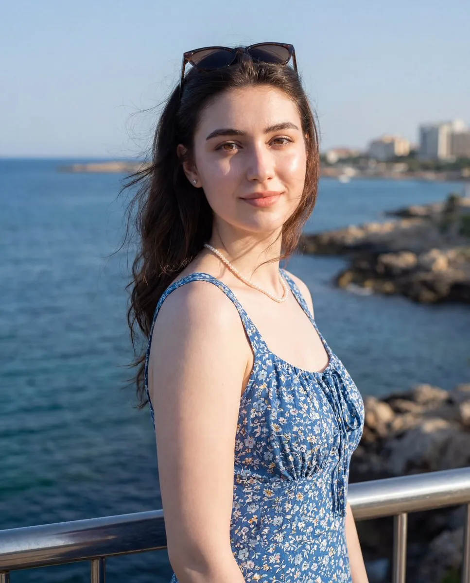 Summer Portrait of Woman in Floral Dress by the Sea - Portrait, Photography - AI Generated Image