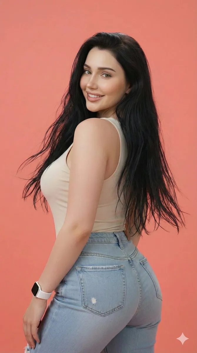Photorealistic Portrait: Smiling Woman in Casual Fashion - Portrait, Photography - AI Generated Image