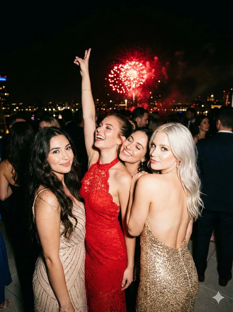 Elegant Women, Formal Dresses, Fireworks Night Event - Portrait, Photography - AI Generated Image