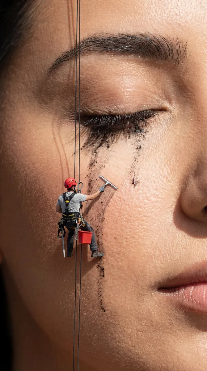 Conceptual Photo: Woman's Mascara Cleaned by Mini Worker - Portrait, Photography - AI Generated Image