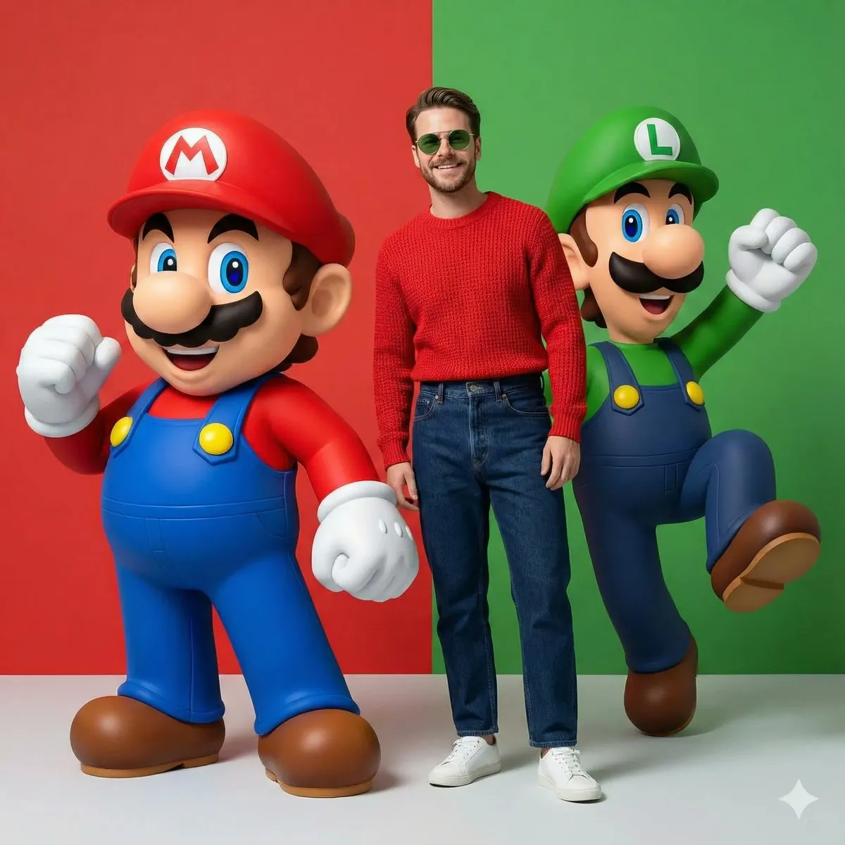 Photorealistic Portrait: Man with Super Mario Bros. Figures - Portrait, Photography - AI Generated Image