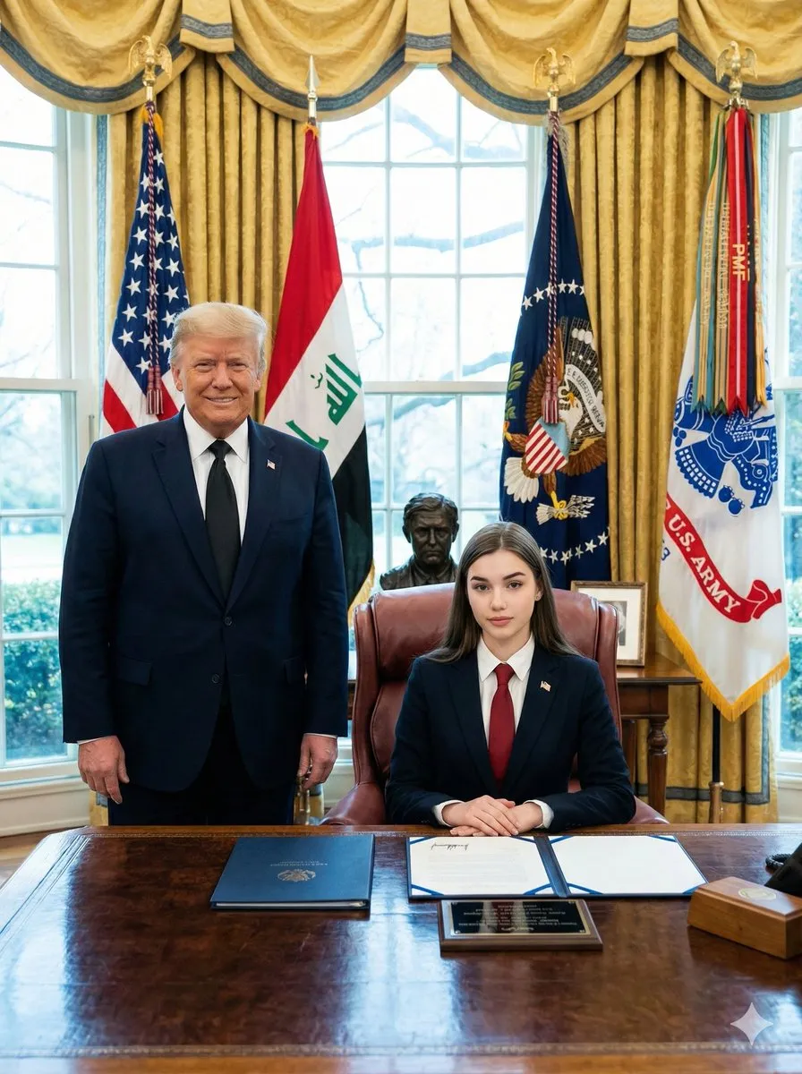 Formal Portrait: Donald Trump and Young Woman in Oval Office - Portrait, Photography - AI Generated Image