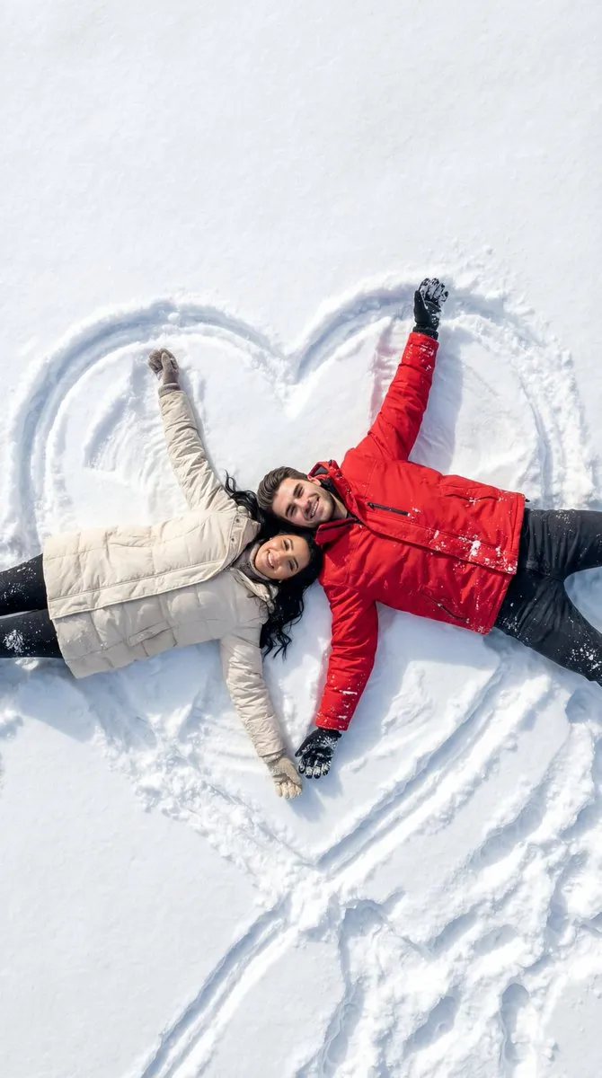 Couple Making Snow Angels in Heart | Winter Romance Photo - Portrait, Photography - AI Generated Image