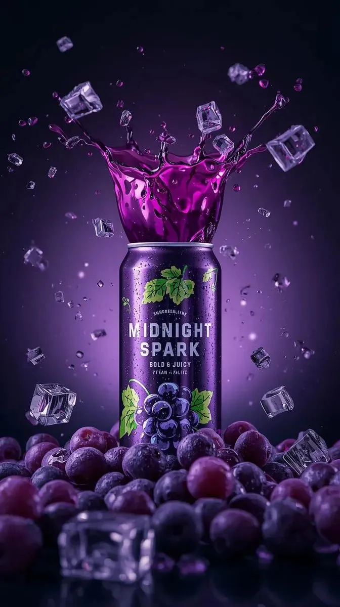 Midnight Spark Grape Soda Can: Refreshing Product Photo - Product, Photography - AI Generated Image