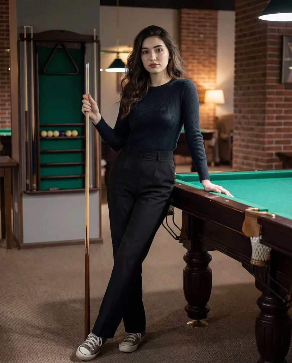 Woman in Pool Hall: Casual Portrait with Billiards Table - Portrait, Photography - AI Generated Image