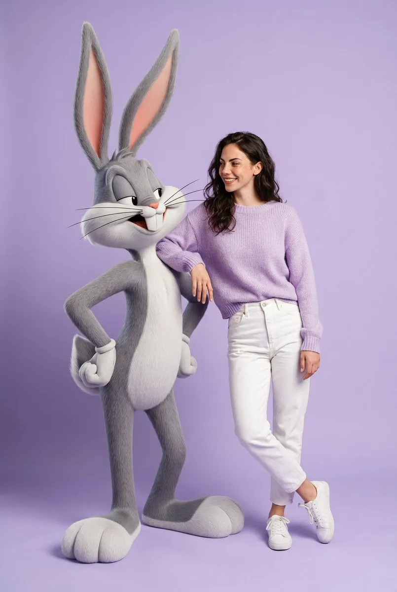 Cheerful Portrait of Woman with Bugs Bunny on Purple - Portrait, Photography - AI Generated Image