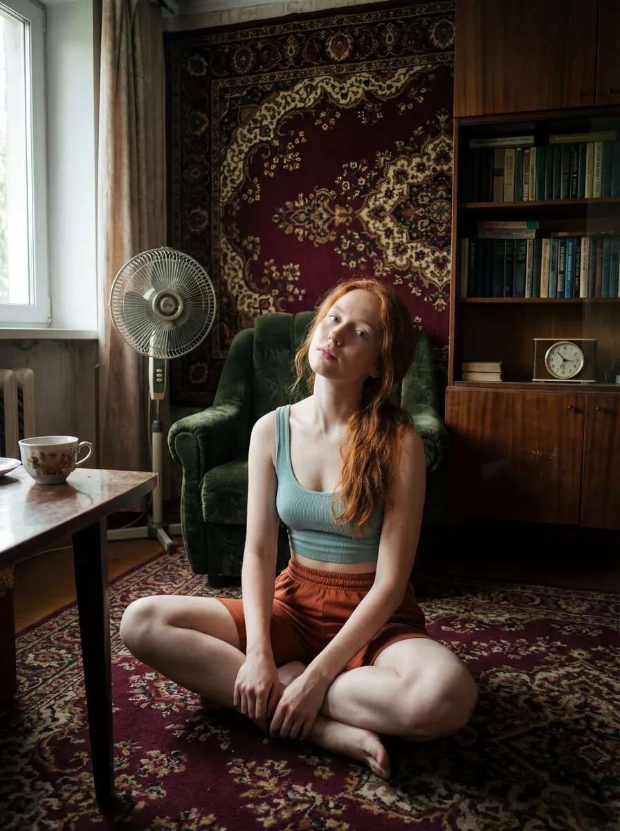 Redhead Woman Indoor Portrait - Vintage Aesthetic - Portrait, Photography - AI Generated Image