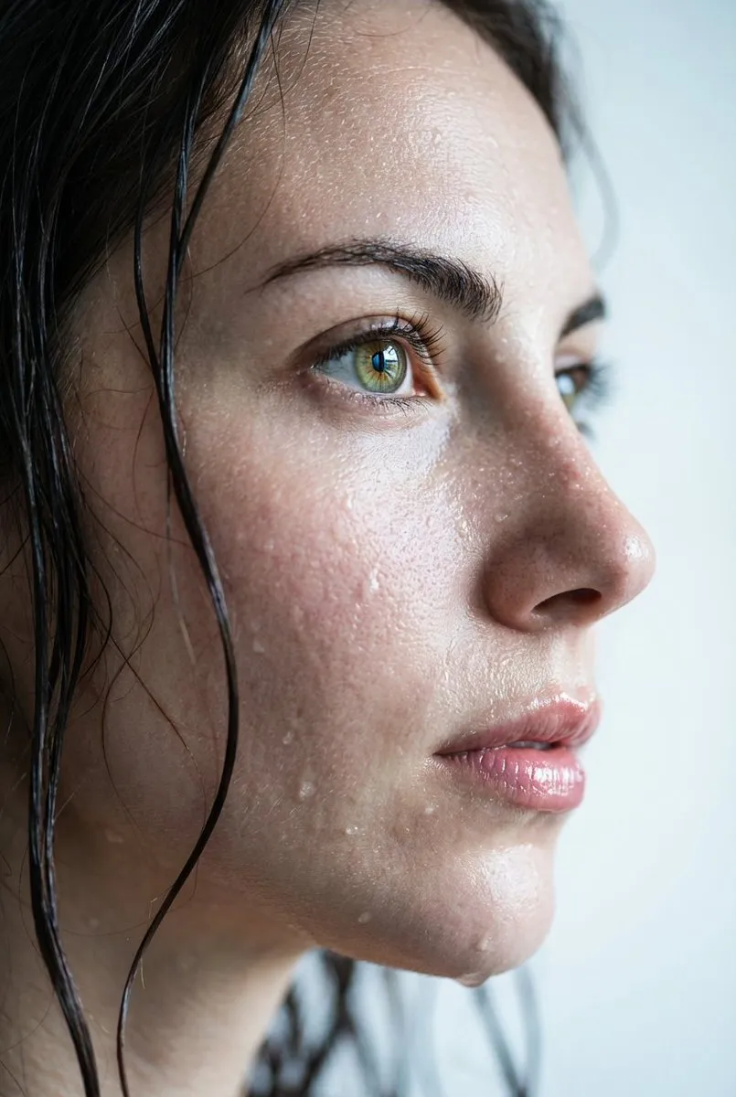 Close-up Portrait: Woman with Wet Face, Green Eyes - Portrait, Photography - AI Generated Image