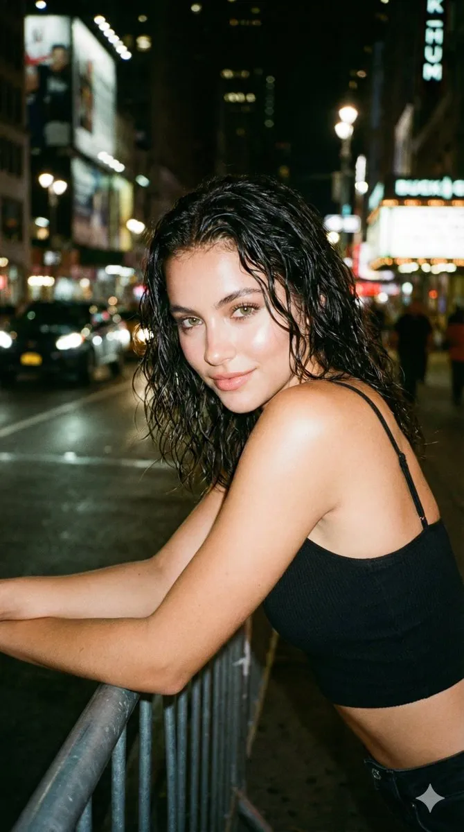 Urban Night Portrait of Woman with Wet Hair - Portrait, Photography - AI Generated Image