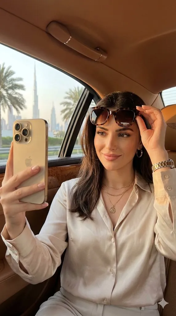 Stylish Woman Selfie in Dubai Car | Burj Khalifa View - Portrait, Photography - AI Generated Image