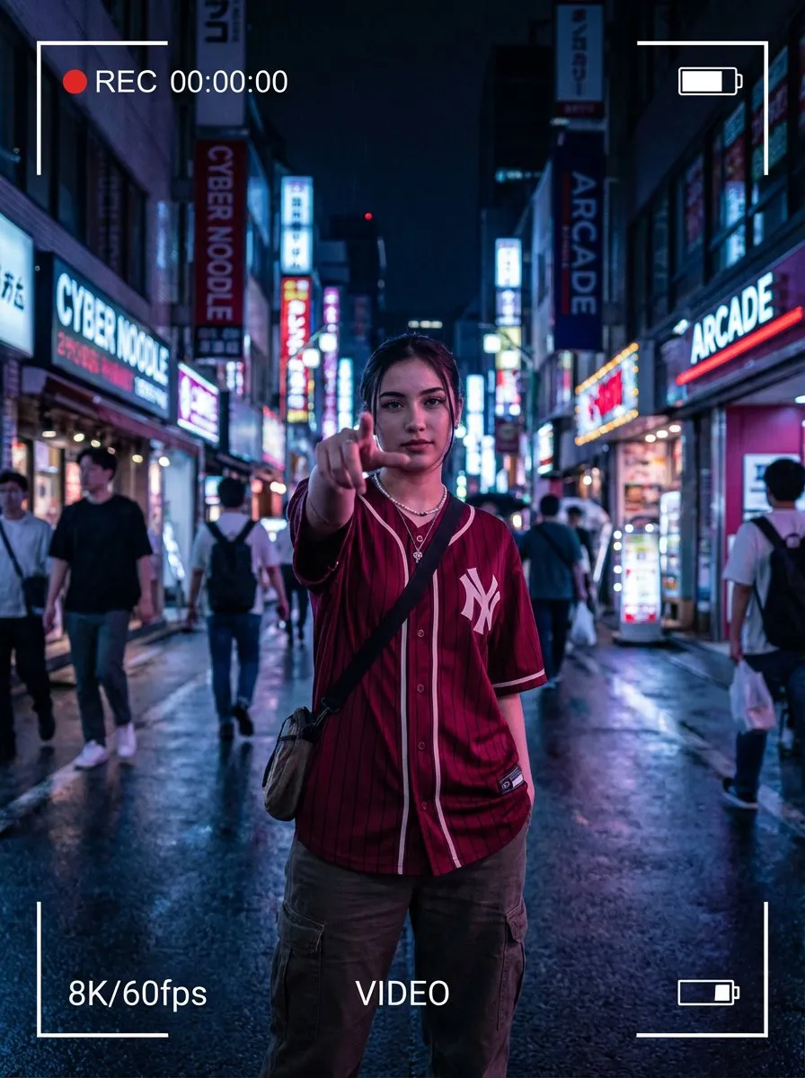 Cinematic Urban Night Portrait - Woman in Neon City Street - Portrait, Photography - AI Generated Image