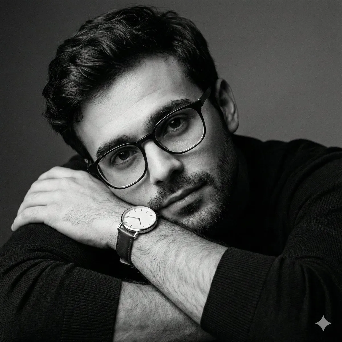 Monochrome Portrait of Man with Glasses & Watch - Portrait, Photography - AI Generated Image