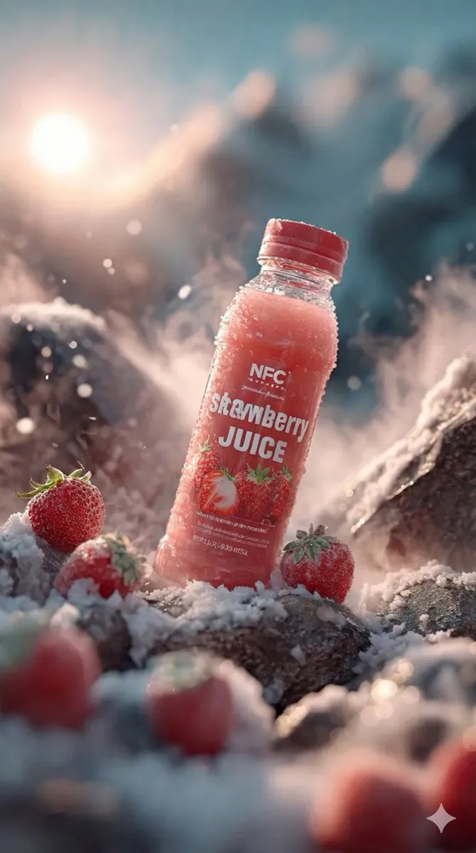 Refreshing Strawberry Juice Bottle in Snowy Winter Scene - Product, Photography - AI Generated Image