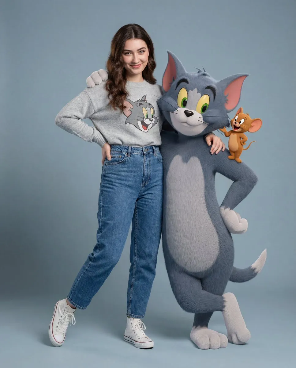 Woman with Tom and Jerry Characters Fashion Portrait - Fashion, Photography - AI Generated Image