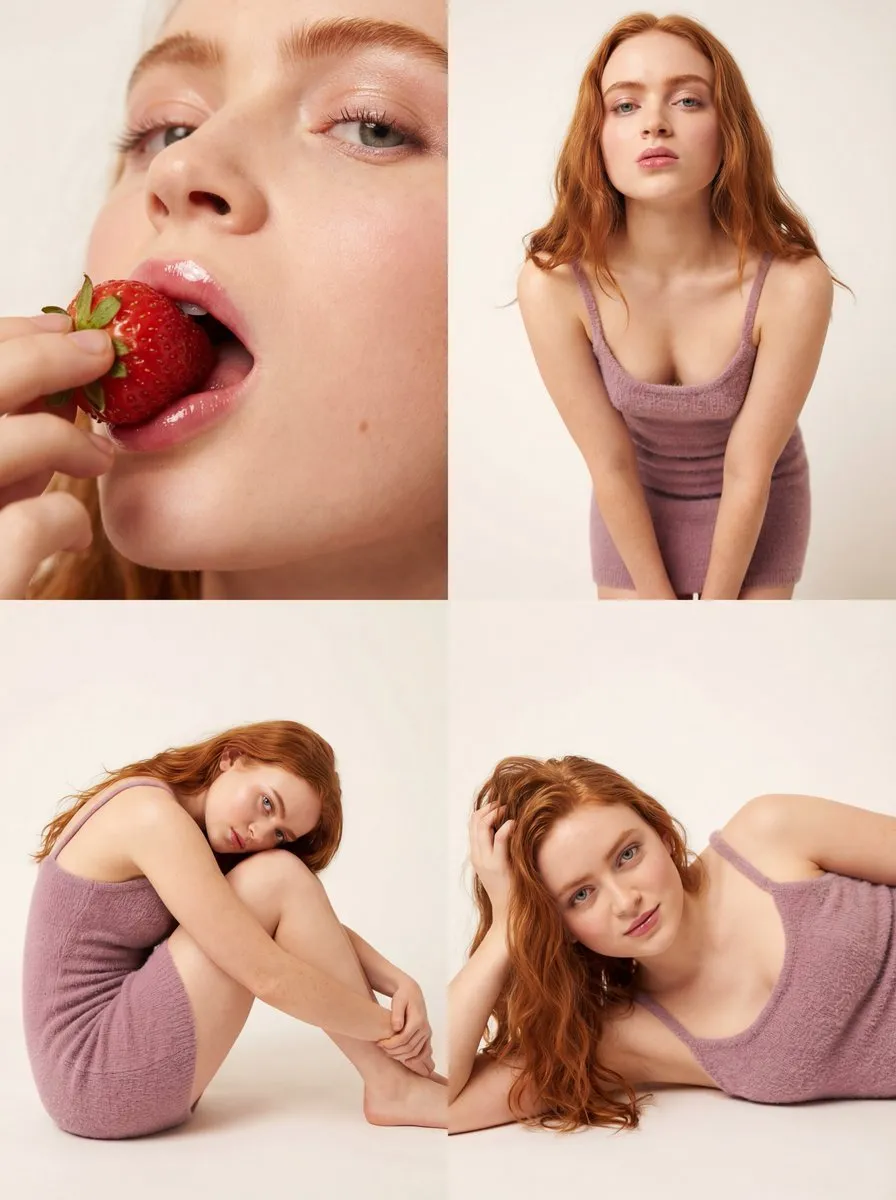 Redhead Model Fashion Portrait, Lilac Dress & Strawberry - Fashion, Photography - AI Generated Image