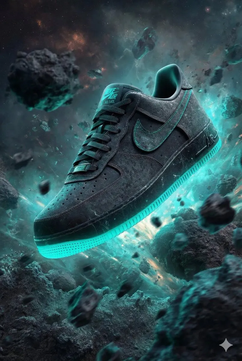 Futuristic Nike Air Force 1 Sneaker with Cosmic Glow - Product, Photography - AI Generated Image