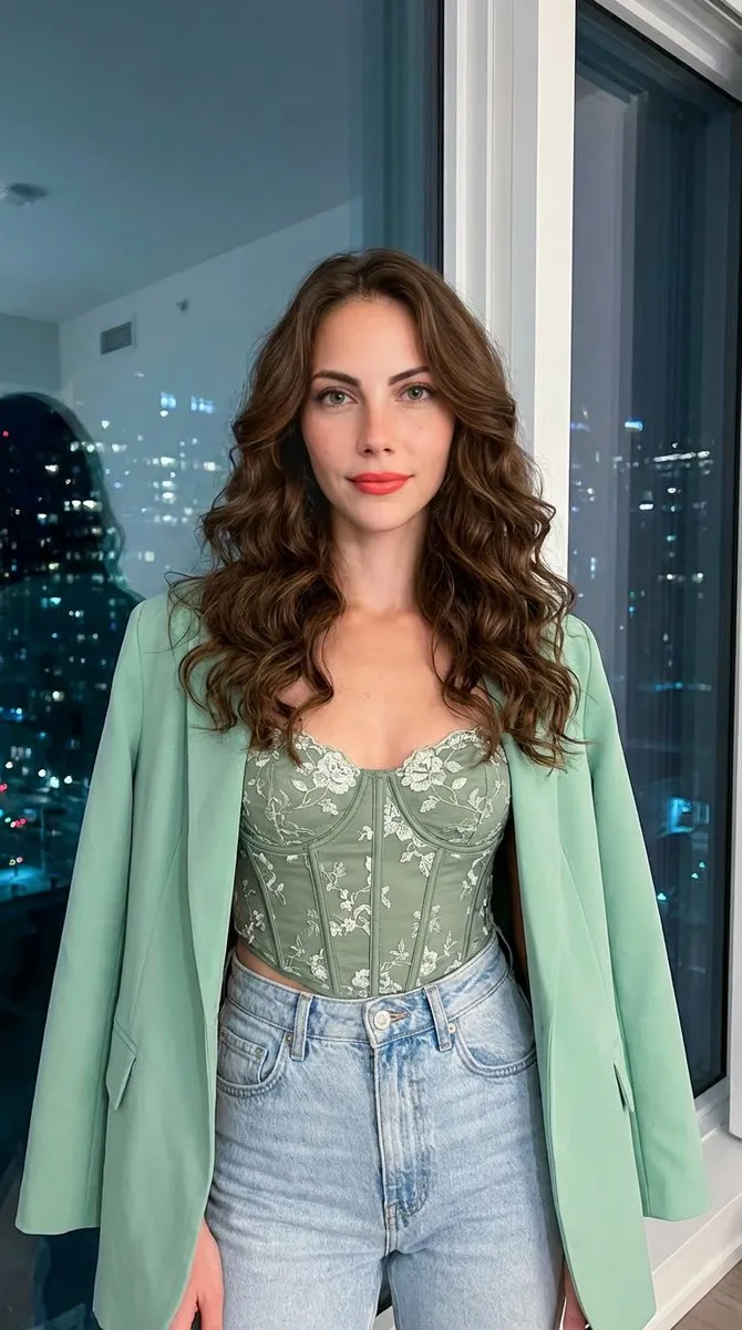 Stylish Woman in Green Corset, Blazer & Jeans Outfit - Fashion, Photography - AI Generated Image