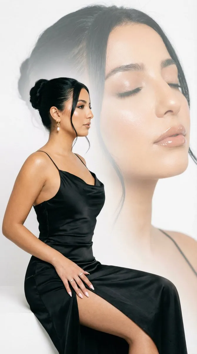 Elegant Woman in Black Satin Slip Dress - Fashion Portrait - Fashion, Photography - AI Generated Image