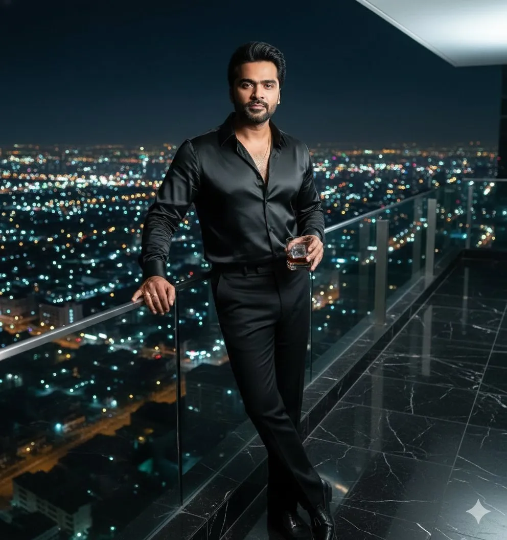 Elegant Man in Black on Urban Balcony | Night City Fashion - Fashion, Photography - AI Generated Image