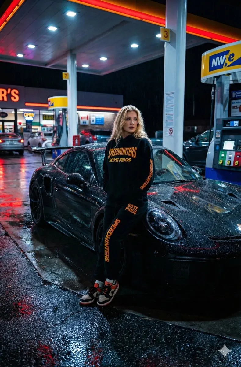 Moody Urban Fashion: Woman & Porsche at Night Gas Station - Fashion, Photography - AI Generated Image