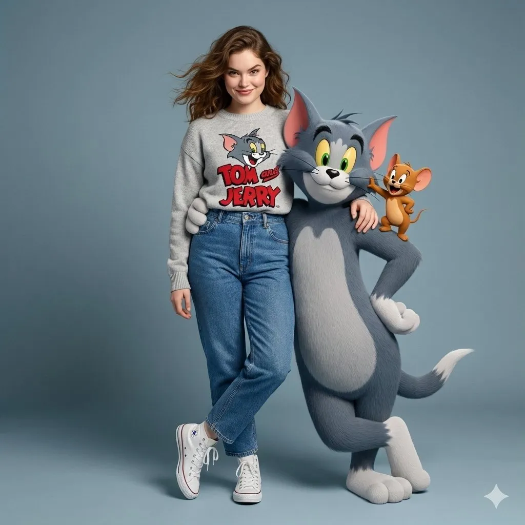 Cheerful Woman in Tom & Jerry Sweater with Cartoon Pals - Fashion, Photography - AI Generated Image