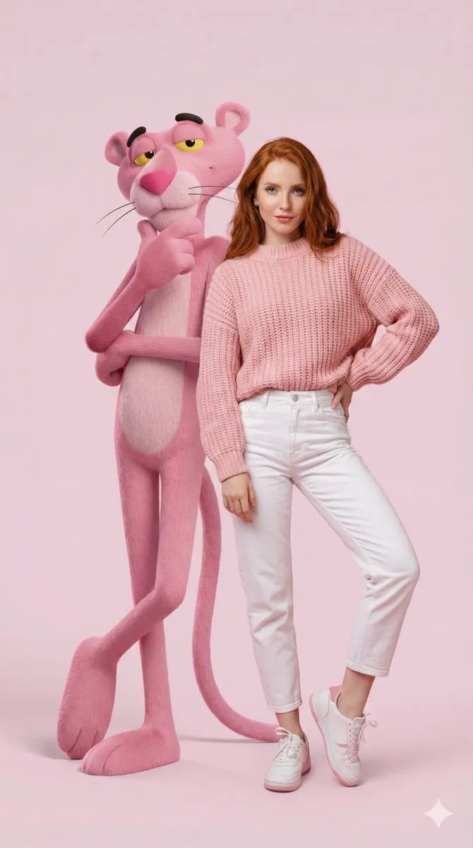 Redhead Woman & Pink Panther: Fashion Studio Photography - Fashion, Photography - AI Generated Image