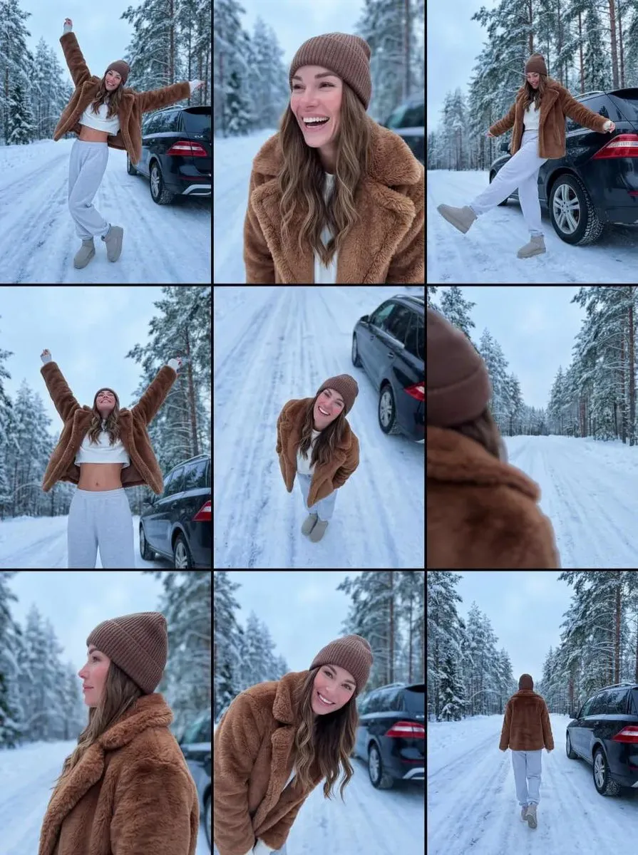 Winter Fashion in Snowy Forest - Cheerful Woman Portrait - Fashion, Photography - AI Generated Image