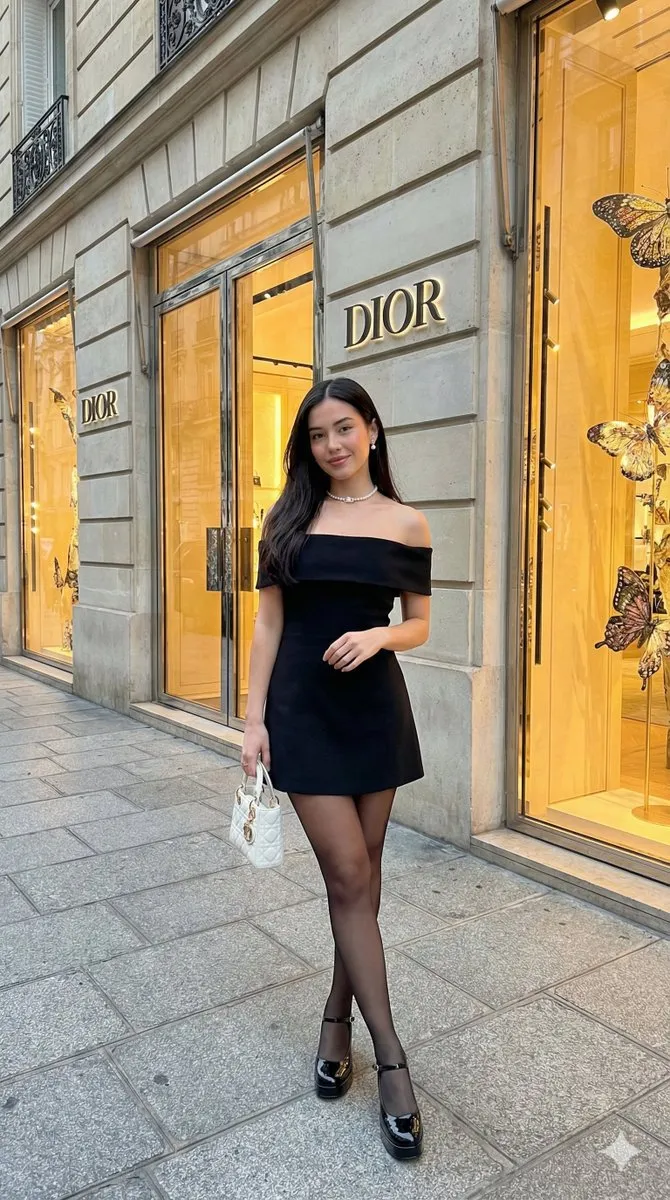 Woman in Little Black Dress outside Dior Store - Fashion - Fashion, Photography - AI Generated Image