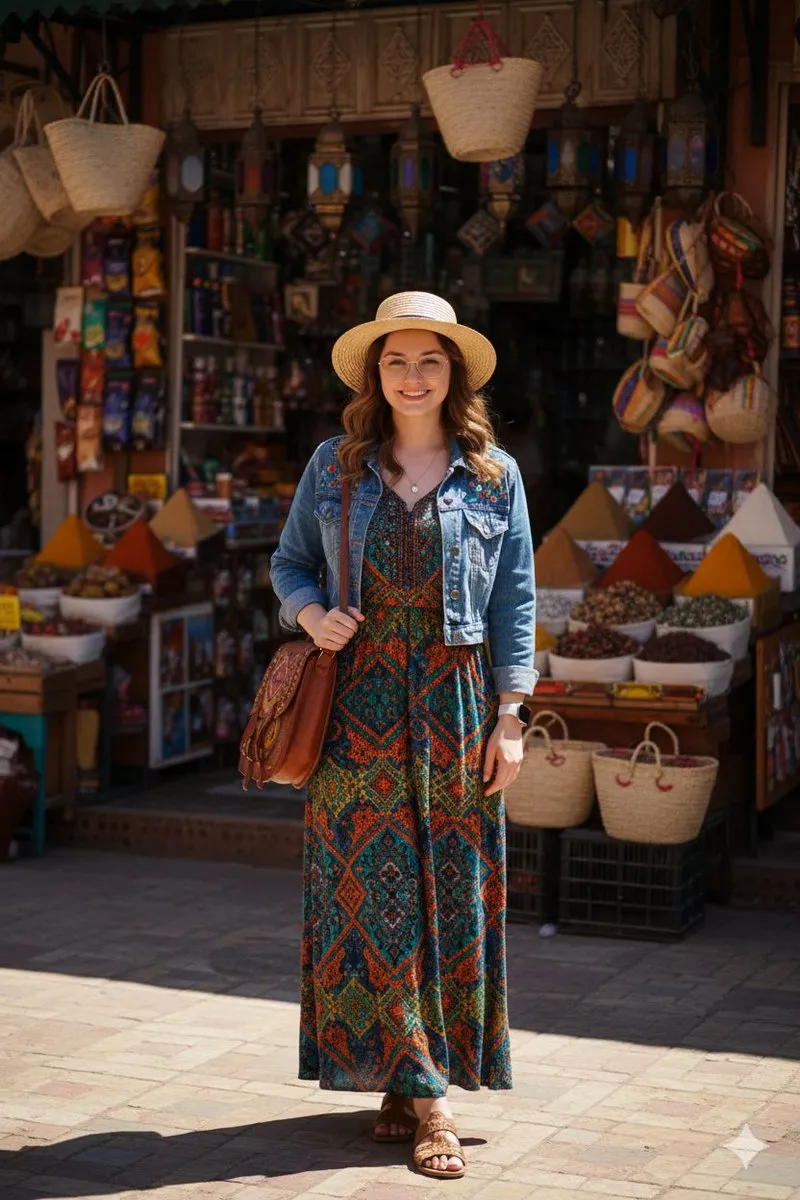 Bohemian Fashion Woman in Marketplace - Travel Style - Fashion, Photography - AI Generated Image
