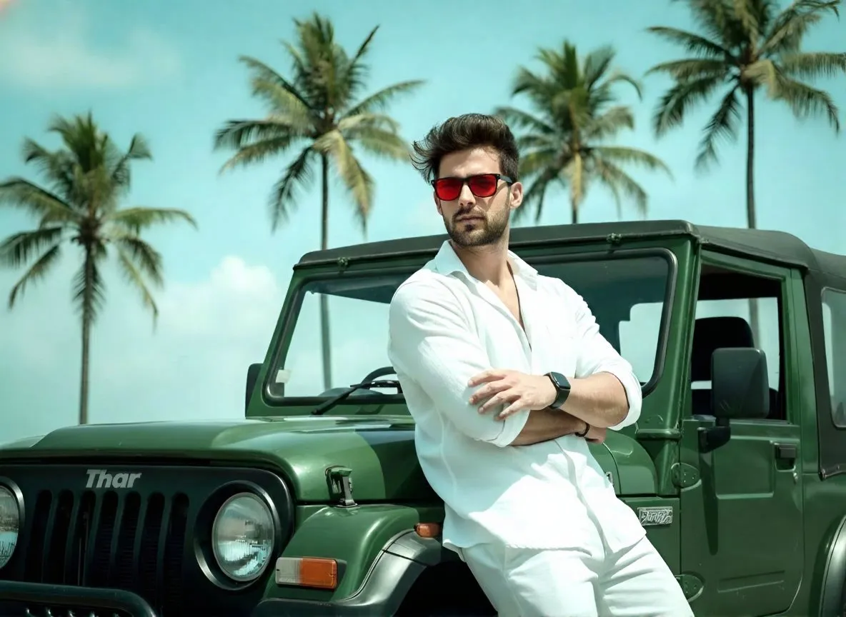 Stylish Man in White with Green Jeep | Tropical Summer Fashion - Fashion, Photography - AI Generated Image
