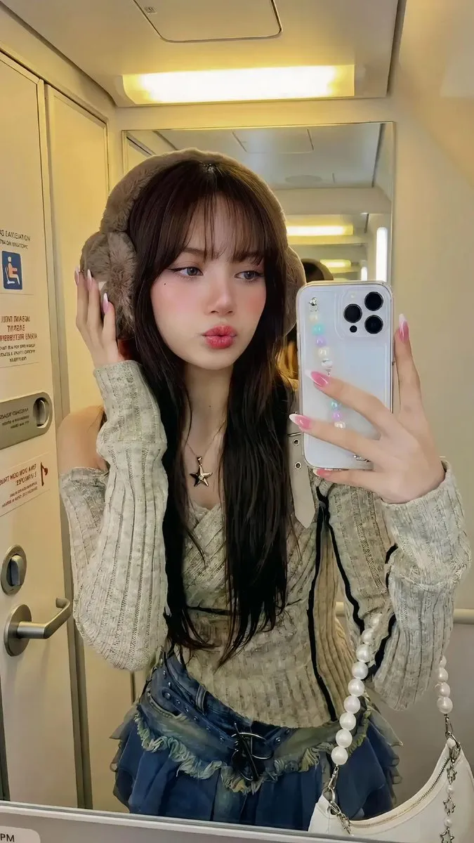 Stylish Young Woman Selfie with Earmuffs on Airplane - Fashion, Photography - AI Generated Image