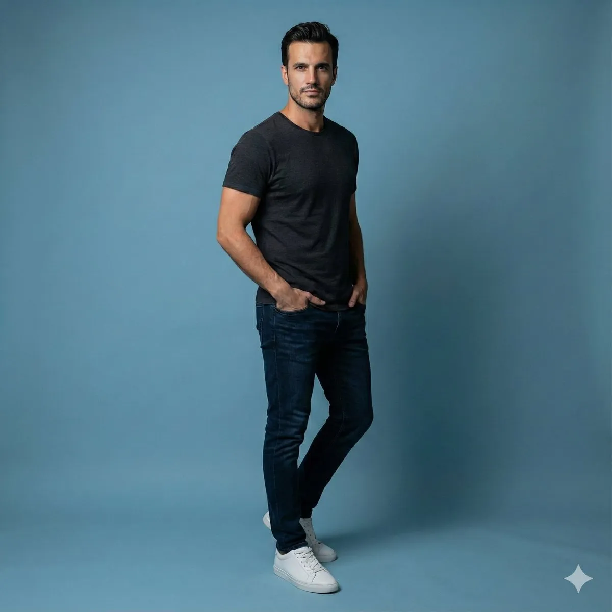 Modern Men's Casual Fashion: T-shirt, Jeans & White Sneakers - Fashion, Photography - AI Generated Image