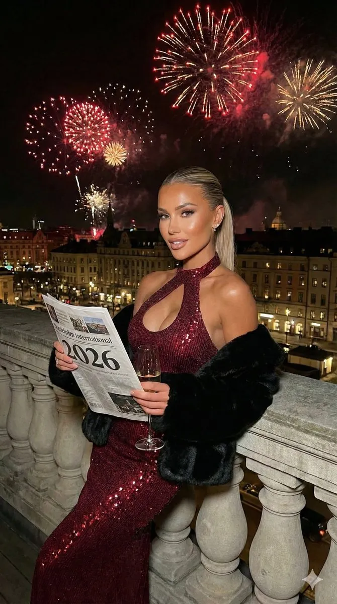 Glamorous Woman in Red Gown, Fireworks over City at Night - Fashion, Photography - AI Generated Image