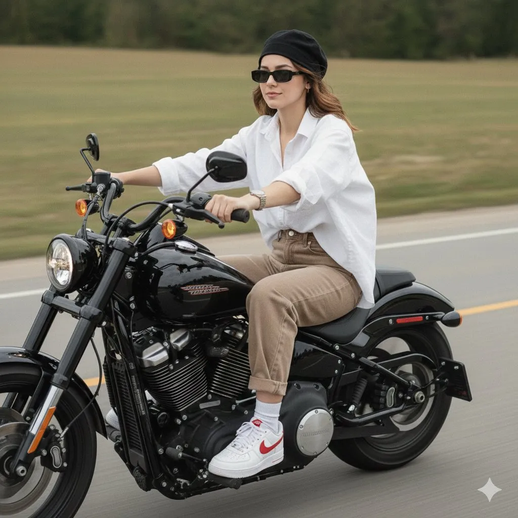 Confident Woman on Harley-Davidson Motorcycle Fashion - Fashion, Photography - AI Generated Image
